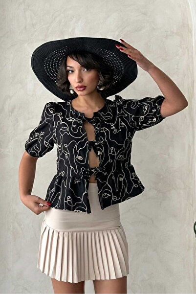 VERYMODA Μπλούζα με κέντημα και δέσιμο μπροστά - Μαύρη |   Gml2788