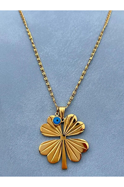 1881 STORE Gold Clover Necklace – Steel Lucky Necklace with Evil Eye Beads (D...