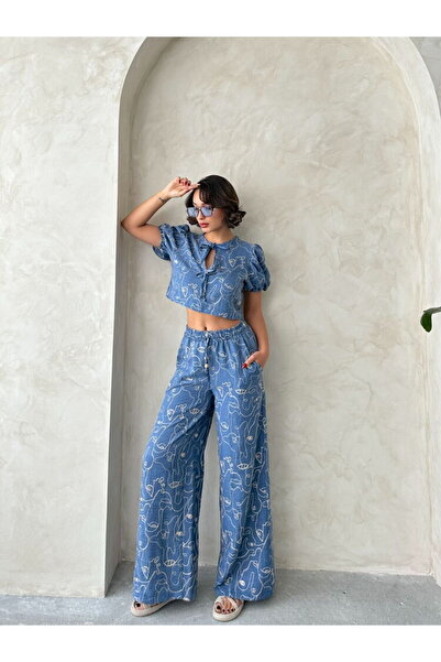 Caddebostan Moda Women's Embroidered Front Tie Balloon Sleeve Crop Blouse