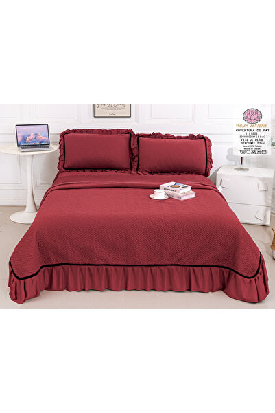 FIONNA.RO 3-Piece Velvet Quilt With Ruffles - Burgundy