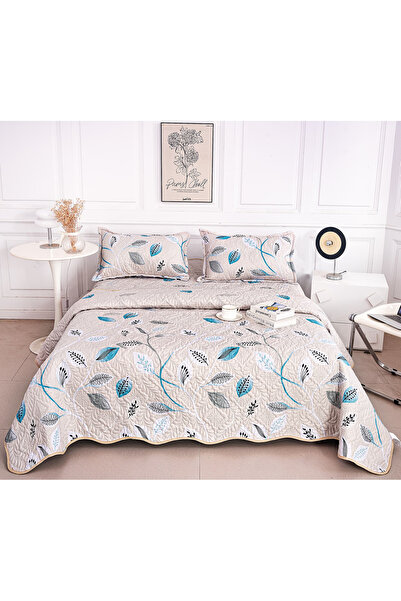 FIONNA.RO Double- Quilted Cotton Blanket - Beige With Painted Leaves