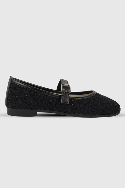Beshora Ester Black Tweed Fabric Belt Detail Oval Toe Women's Ballerinas