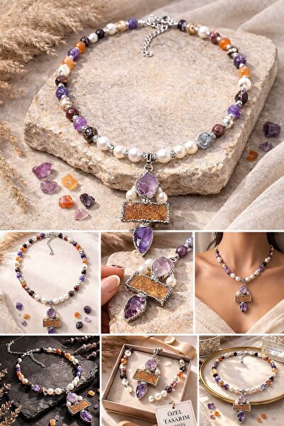 PORSE "Kraliyet Fısıltısı" Ametist & Gerçek Tatlı Su İncili Akik ve Jasper Do...