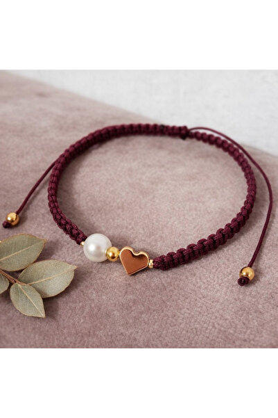 Bidüğüm سوار مكرامية بلون أحمر داكن مزين باللؤلؤ على شكل قلب - سوار ساحر بلون...