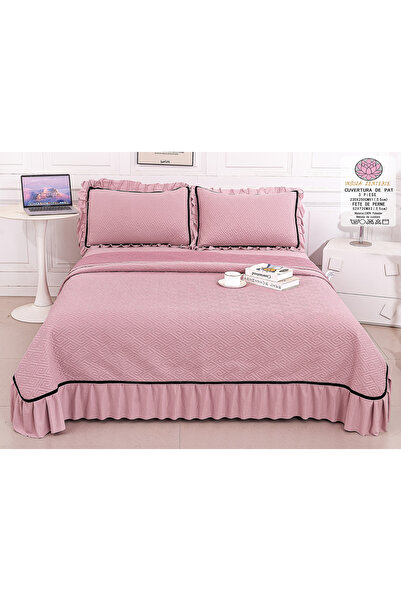 FIONNA.RO 3-Piece Velvet Quilt With Ruffles - Pink