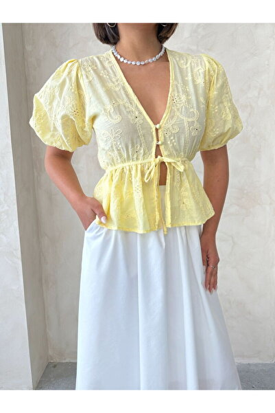 Caddebostan Moda Front-Tie Embroidered Voile Blouse with Scallop Detail and B...