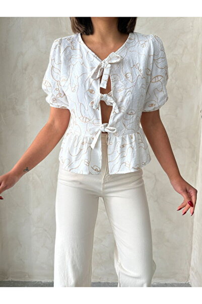 Caddebostan Moda Front Tie Embroidered Peplum Blouse Balloon Sleeve Patterned...