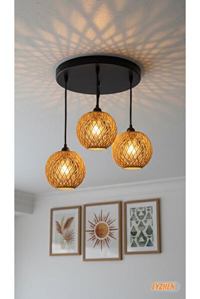 Eyzhen Bohem Hasır 3’lü Sarkıt Avize, Modern Rustik Tavan Avizesi, Küre Hasır...