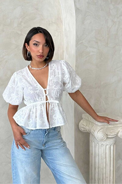 Caddebostan Moda Front-Tie Embroidered Voile Blouse with Scallop Detail and B...