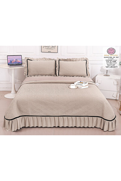 FIONNA.RO 3 Piece Velvet Quilt With Ruffles - Beige Cocoa With Milk