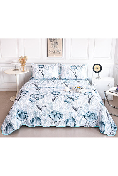 FIONNA.RO Double-Sided Quilted Cotton Blanket - Blooming Tulips on Light Blue