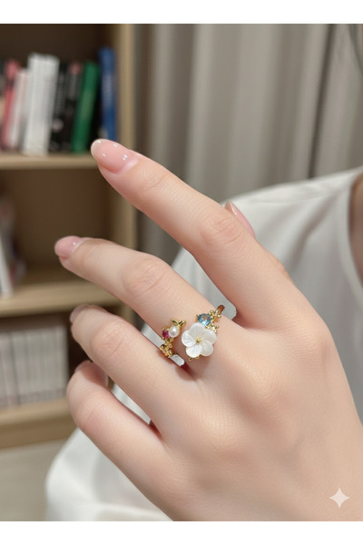 NURYES JEWERLY Manolya Çiçeği Figürlü Ayarlanabilir Gold Yüzük - Detaylı Renk...