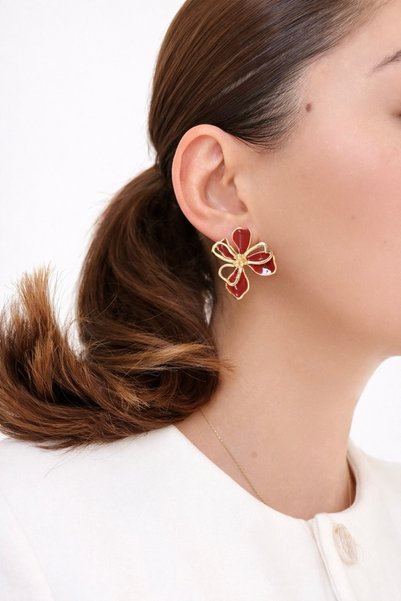 Ressia 14 K Gold Kırmızı Mineli Model Küpe