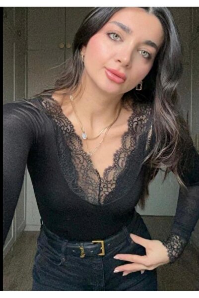 glanour Lace V-Neck Cashmere Ultra Light Blouse Black