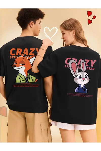 Ciel Lune Sevgili Kombini Crazy Animal Baskılı Çift Tişört Oversize Unisex Çi...