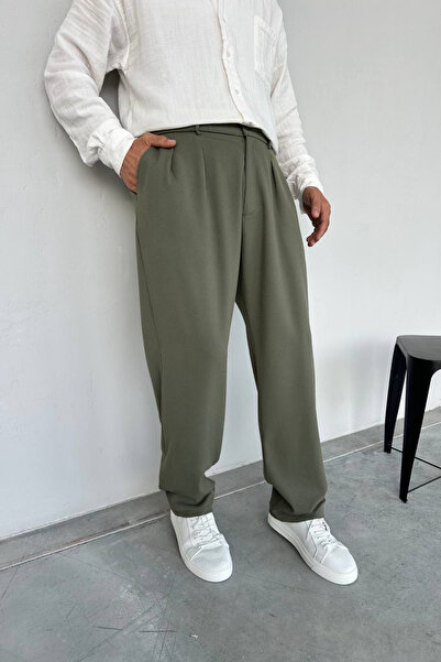 Wonraces Men's Khaki Pleated Elastic Waist Baggy Premium Fabric Trousers