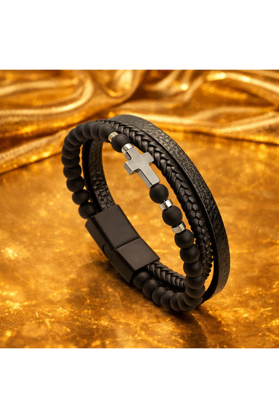Handmade Triple Leather bracelet with black cross