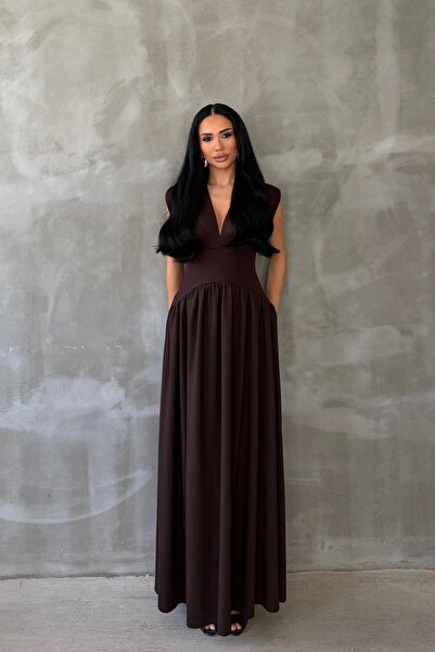OKSOCOLLECTİON Derin V Yaka Belden Oturtmalı Elbise