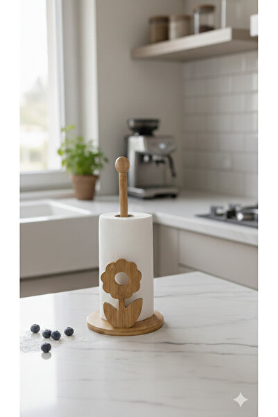 Dia Paper Towel Holder with Bamboo Flower Figure & Natural Wood Kitchen Count...