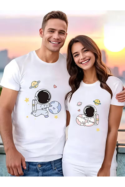 Ciel Lune Evgili Couple T-Shirt Oversize Unisex Astronaut Printed Couple Comb...