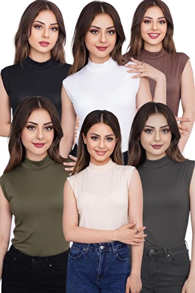 bykombincim Kadın 6'lı Sıfır Kol Kolsuz Body Viskon Boğazlı Badi 6 Adet Balıkçı