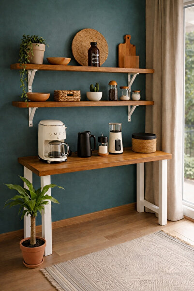 PREMIUM HOME DEKOR 60 x 140 MASA + 2 RAF DOĞAL AHŞAP BAR/KAHVE KÖŞESİ(HER EBA...