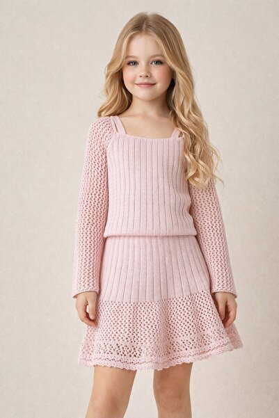 TREND NATURAL Girl's 100% Cotton Knitwear Skirt Blouse Set Powder Ecru Black ...