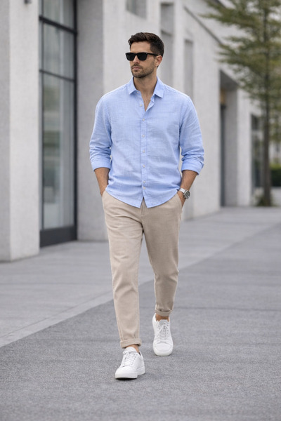 tiggir moda Erkek Müslin Kumaş Gömlek Pantolon 2'li Takım