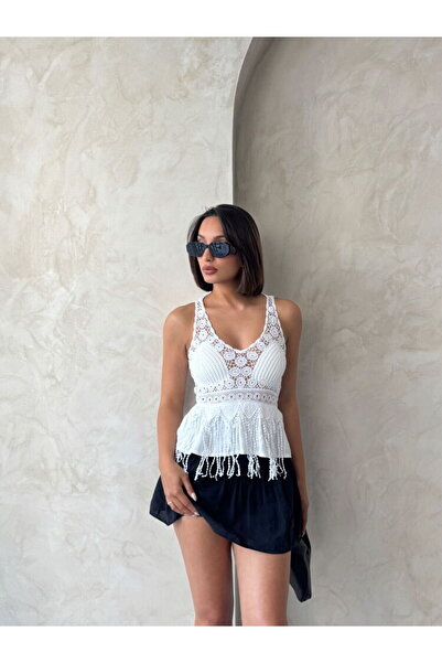 Caddebostan Moda Women's Guipure Detailed Strappy Bohemian Blouse with Tassel...