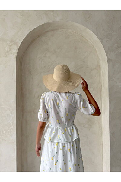 Caddebostan Moda Front Tie Embroidered Voile Blouse with Peplum Detail Short ...