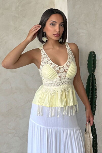 VERYMODA Guipure Detailed Strappy Blouse Yellow |   D2892