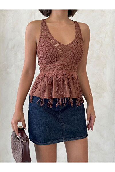 Caddebostan Moda Women's Guipure Detailed Strappy Bohemian Blouse with Tassel...