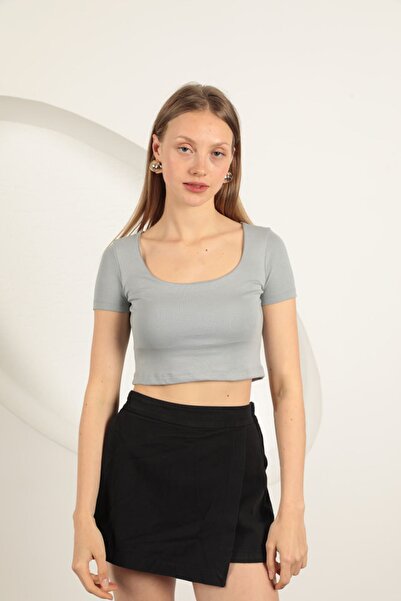 Moda Days Tricou gri pentru femei, cu decolteu în formă de U, cu mânecă scurt...
