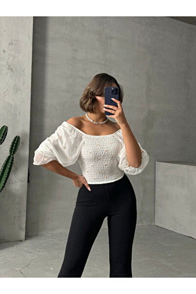 Caddebostan Moda Women's Gipeli Daisy Patterned Madonnyaka Tulle Blouse