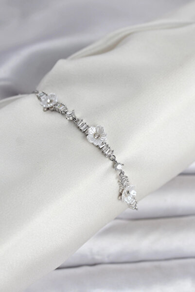 Nacario ميه للاستيراد ®   سوار نسائي من الفضة اللون مع نموذج زهرة من حجر الزر...