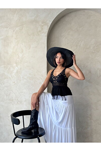 Caddebostan Moda Women's Guipure Detailed Strappy Bohemian Blouse with Tassel...