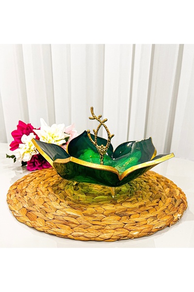 VİVA Zümrüt Yeşili Lotus Epoksi Dekoratif Sunumluk Şekerlik
