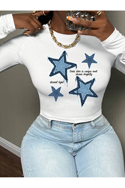 PALPİTO Women's Long Sleeve Light Star Printed Crew Neck Combed Cotton Bodysuit