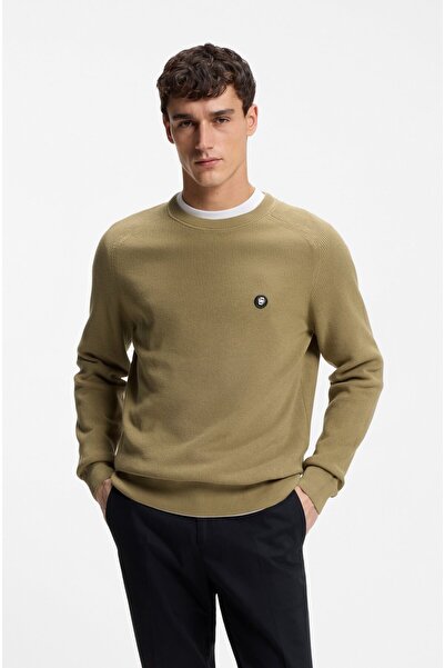 BOSS Men's Regular Fit Soft Cotton Knitted Round Neck Long Sleeve Beige Sweat...