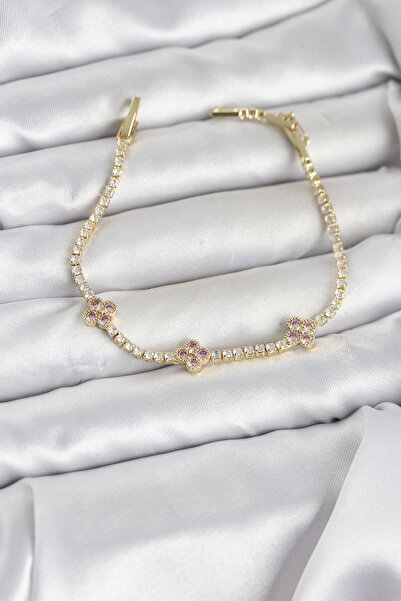 CT STONES Pink Clover Detailed Zircon Stone Gold Color Brass Waterway Women's...