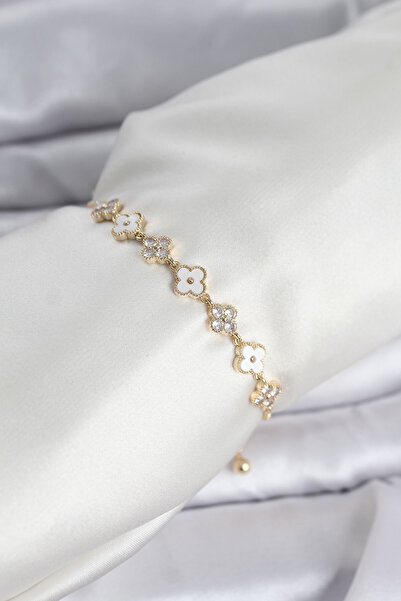 CT STONES Gold Color Zircon Stone Row Clover Model Women's Bracelet with Elev...