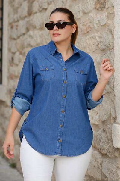 FOR ESRA BIG TREND Women's Plus Size Folded Small Flap Pocket Woven Buttoned ...