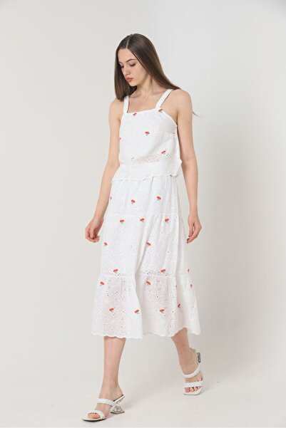 Caddebostan Moda Floral Embroidered Scallop Detailed Layered Long Bohemian Skirt