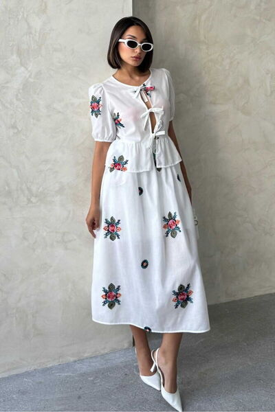 Caddebostan Moda Embroidered Voile Skirt High Waist Midi Length Bohemian Patt...