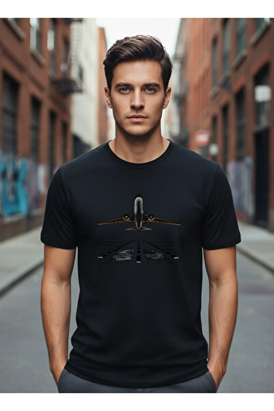 LOTS MODA Uçak Baskılı Siyah Unisex Tişört %100 Pamuk Oversize Havacılık Temalı T-Shirt
