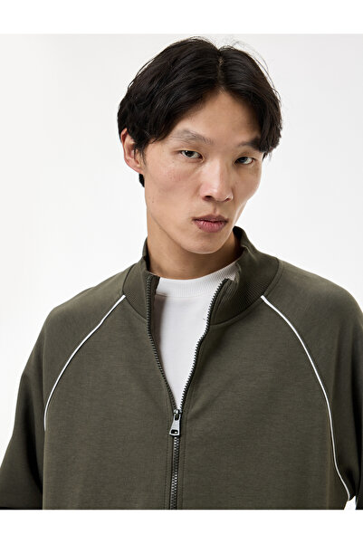 Koton Long Sleeve Stripe Detailed Pocket Cotton Stand Collar Zippered Sweatshirt