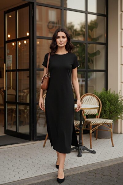 Mossta Slit Detailed Short Sleeve Midi Viscose Dress - Black