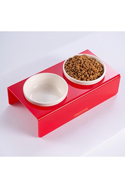 Pawstar Kırmızı İkili Seramik-Pleksi Mama ve Su Kabı-Kedi Köpek Mama Su Kabı