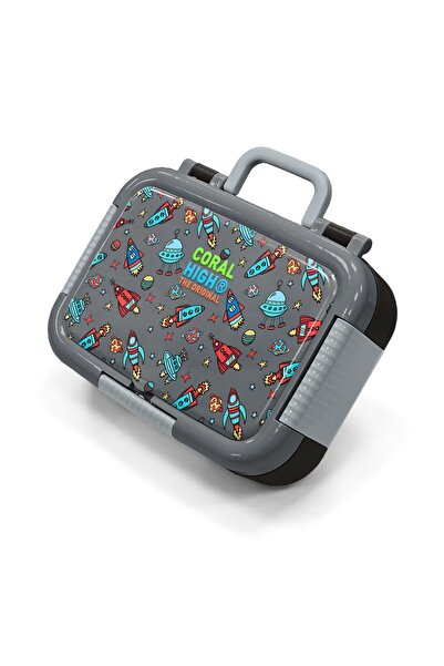 Coral High Kids Dark Gray Red Space Patterned Stainless Steel Lunch Box 39220