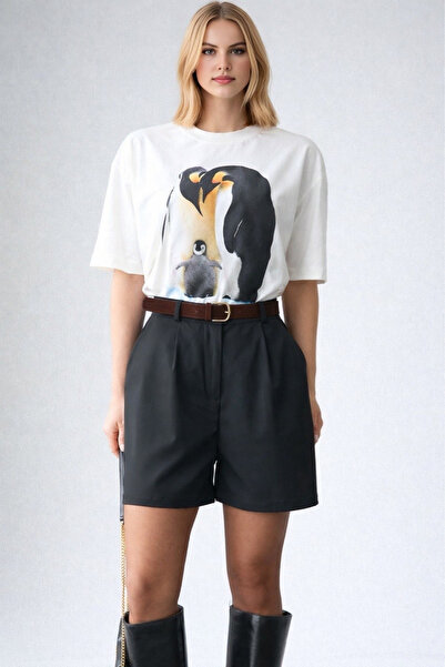 LOOSH Kadın Siyah Yüksek Bel Pileli Bermuda Şort